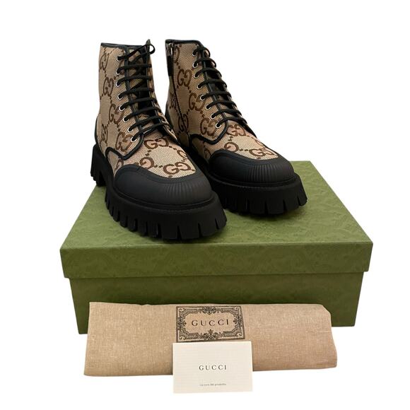 GUCCI Men's Maxi GG Supreme Canvas Combat Ankle Boots Camel Brown Sz 11.5  US 12 - Picture 2 of 16